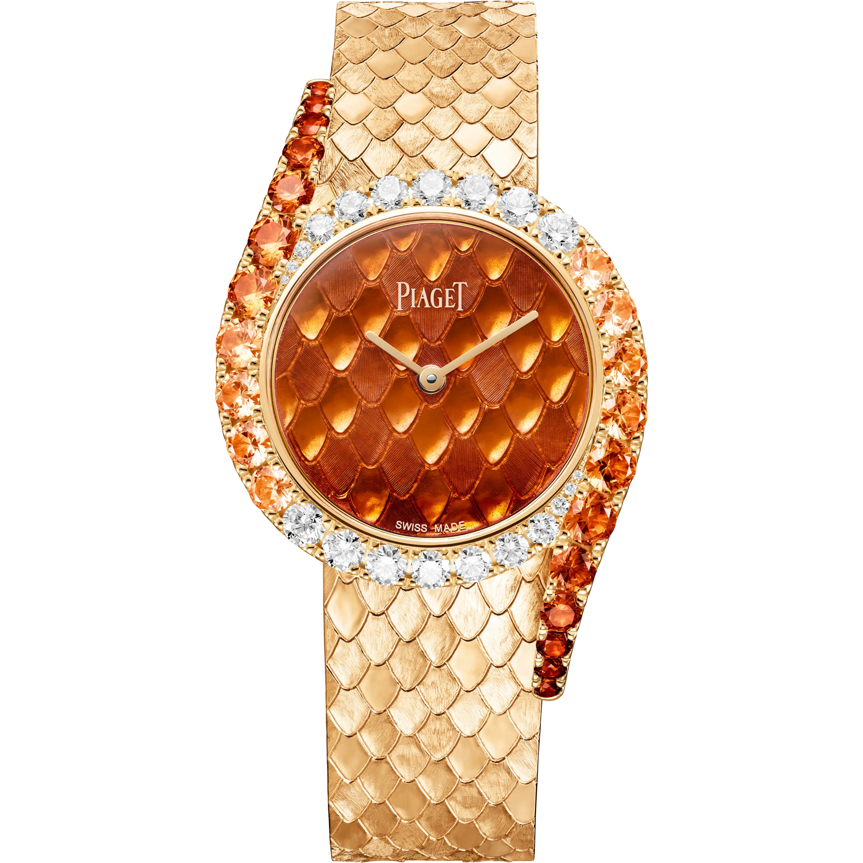 Watches & Wonders 2026'da sergilenen, kavisli pembe altın kasalı Piaget Limelight Gala kadın saati, balık pulu dokulu yarı saydam turuncu kadranı, etrafını saran pırlanta ve turuncu spessartit taşlarla bezenmiş göz alıcı çerçevesi ve aynı desene sahip bütünleşik bileziğiyle yüksek saatçilik sanatını yansıtıyor.