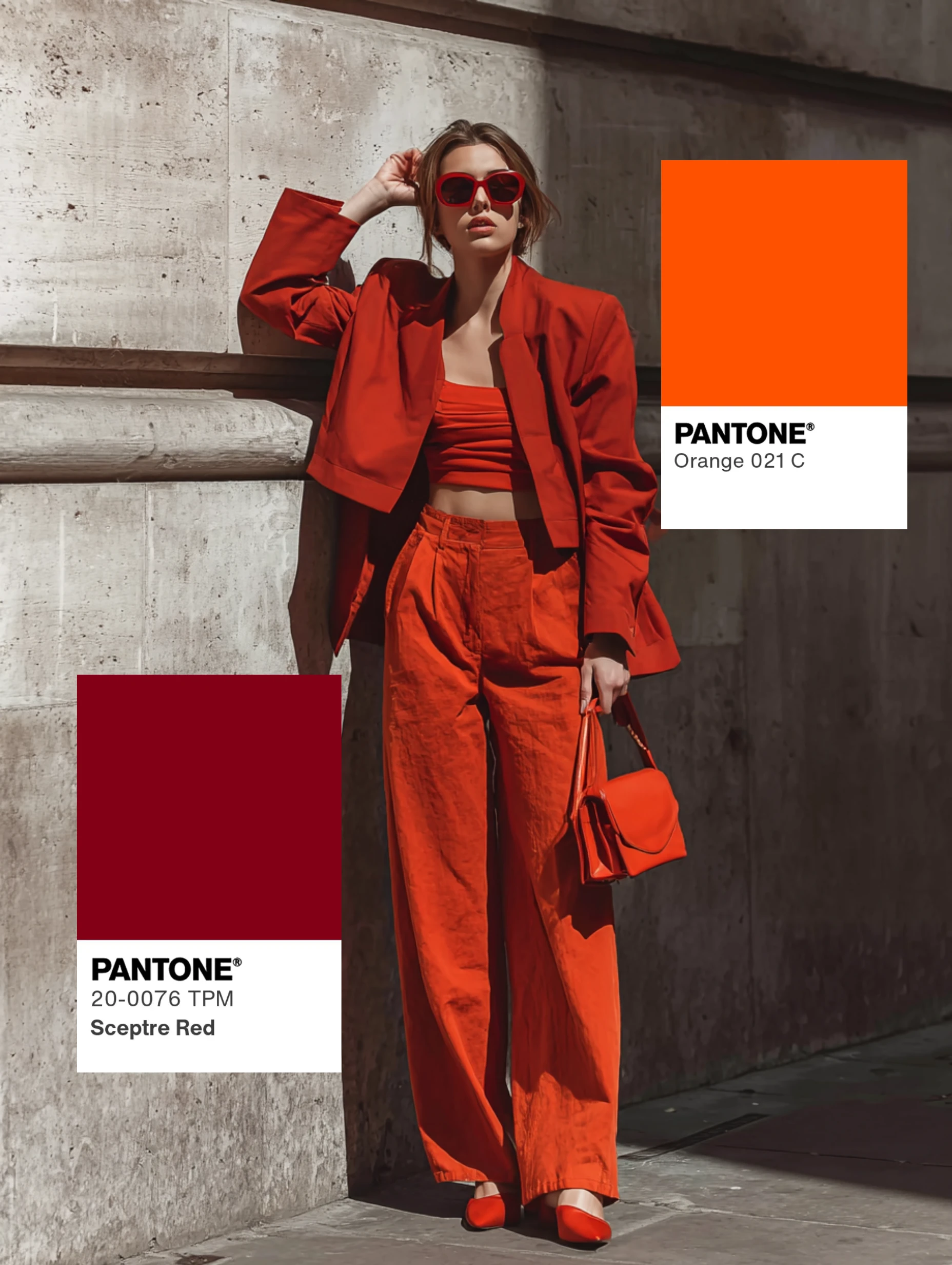 Renk çemberini kullanarak oluşturulan analog kombin örneğini sunan bir kadın, baştan aşağı turuncu ve kırmızının farklı tonlarında bir stil sergiliyor; görselde Pantone Orange 021 C ve Sceptre Red renk kartelaları ile bu uyumlu ve akıcı görünüm vurgulanarak renk uyumu hakkında bilgi veriliyor.