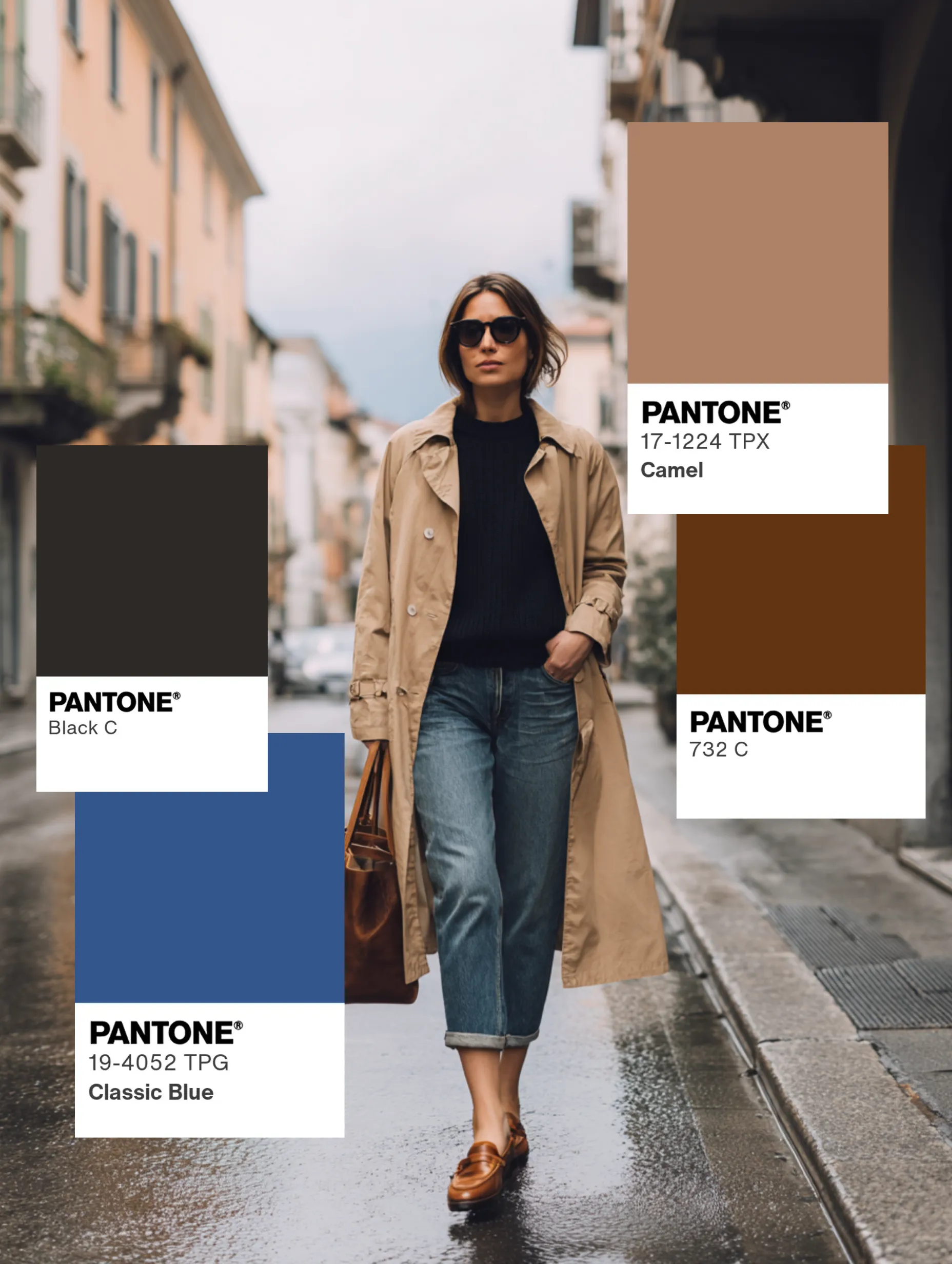 Bir kadın, bej trençkotu, lacivert kazağı ve kot pantolonuyla ıslak bir yolda yürürken, kıyafetindeki Camel, Classic Blue, Black ve kahverengi tonlarını gösteren Pantone renk örnekleri, renk çemberi rehberliğinde oluşturulan uyumlu bir kapsül dolap için kişisel renk paleti seçimini vurguluyor.