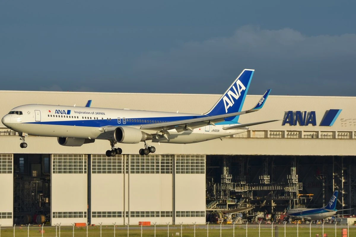 ANA uçağı, iniş takımları açık bir vaziyette, üzerinde ANA logosu bulunan devasa bir hangarın önünde, Japonya'nın yoğun hava trafiğini ve özellikle Tokyo ile Osaka arasındaki popüler uçuşları vurgulayan bir sahnede gökyüzünde alçalıyor; hangar içinde ve dışında başka ANA uçakları da görülebiliyor.