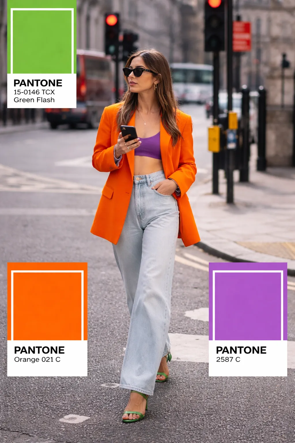 Güneş gözlüklü, modern bir kadın, şehirde yürürken canlı ve cesur trend renkleri günlük stile ustaca uyarlıyor; turuncu blazer ceketini mor büstiyer, açık mavi jean ve parlak yeşil topuklu sandaletlerle kombinleyerek stilini güçlendiriyor.