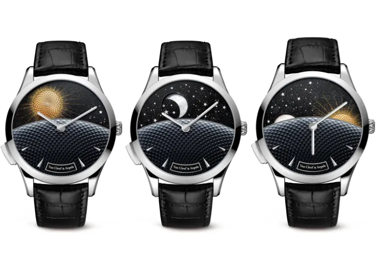 Watches & Wonders 2026'nın öne çıkan kadın saatlerinden olan Van Cleef & Arpels Midnight Jour Nuit Phase de Lune koleksiyonundan, beyaz altın kasalı ve siyah timsah derisi kayışlı üç farklı model, altın güneşin doğuşunu, sedef ayın gece gökyüzünde parlamasını ve güneşin batışını şiirsel bir döngüde betimliyor.