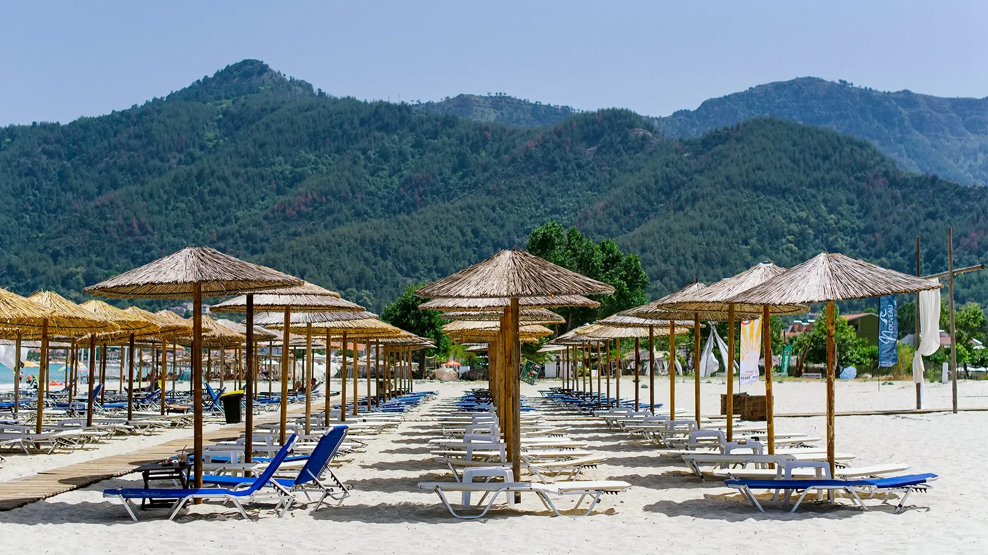 Thassos'taki Golden Beach'in yumuşak beyaz kumları üzerinde, ormanlık dağların manzarası eşliğinde özenle sıralanmış hasır şemsiyeler ile mavi ve beyaz şezlonglar bulunan, ferah bir plaj alanı.