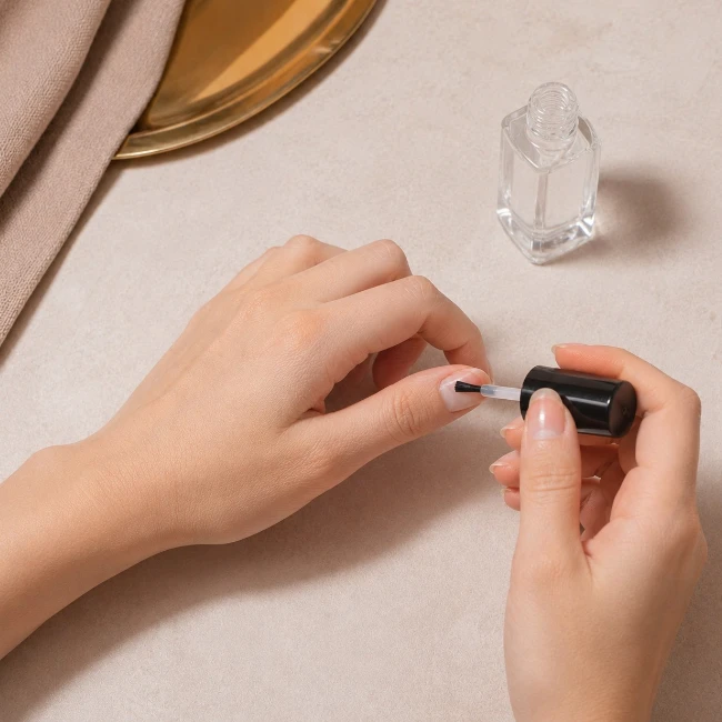 Açık renkli bir zeminde, bir el diğer elin tırnaklarına şeffaf bir base coat uygularken görülüyor; sağ el açık şeffaf oje şişesinden fırçayı alıp sol elin yüzük parmağı tırnağına dikkatlice sürüyor.
