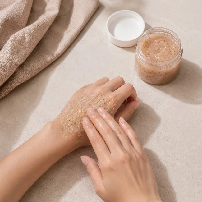 Açık tenli bir kadının elleri, bir avcunun diğerini nazikçe ovalayarak el peelingi uygularken, arka planda açık bir kavanoz el peelingi ve bej rengi bir bez, evde manikür için el bakımı rutinini tamamlıyor.
