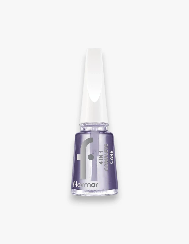 Flormar markasının 4 IN 1 COMPLETE CARE serisinden, besleyici ve onarıcı özelliklere sahip olduğu belirtilen, şeffaf mor tonlarında bir oje bazı şişesi, dikey duruşuyla beyaz arka plan üzerinde net bir şekilde görünüyor ve tırnak sağlığına yönelik kapsamlı bir ürün olduğunu vurguluyor.