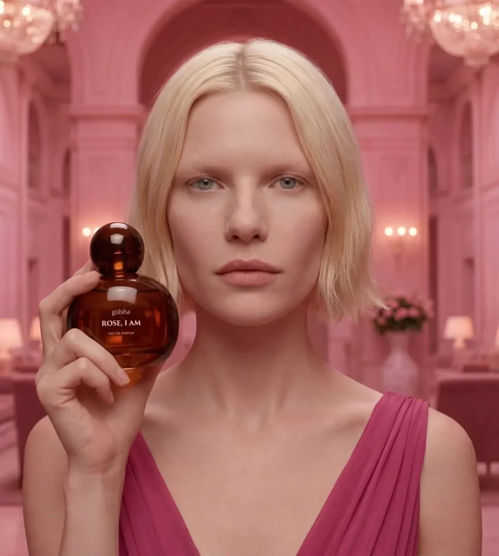 Parlak sarı saçlı ve açık renk gözlü, fuşya elbise giyen zarif bir kadın, pembe tonlarında lüks bir salonun ortasında durarak, sağ elinde Gülsha Rose, I Am Eau de Parfum yazılı, koyu amber rengi, yuvarlak gövdeli ve küre kapaklı özel gül parfümü şişesini kameraya dönük şekilde sergiliyor.