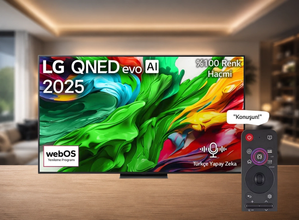 Ahşap bir yüzeyde duran, canlı yeşil, mavi, sarı ve kırmızı renklerin soyut geçişleriyle dikkat çeken LG QNED evo AI akıllı televizyonun ekranında LG QNED evo AI 2025, 0 Renk Hacmi ve Türkçe Yapay Zeka ibareleri görülürken, yanında AI düğmesi vurgulanmış uzaktan kumandanın üzerinde beliren Konuşun! balonu sesli komut özelliğine işaret ediyor.