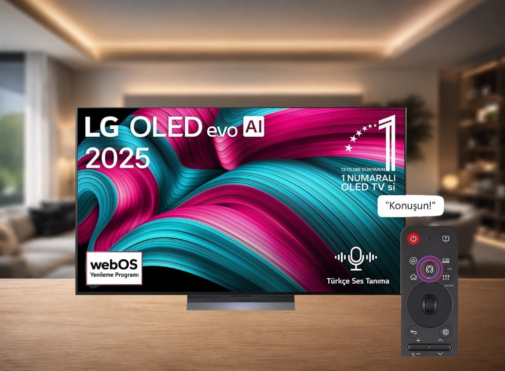 Geniş bir oturma odası ortamında, ekranında pembe ve turkuaz dalgalı bir görsel, LG OLED evo AI 2025, Türkçe ses tanıma ve WebOS yenileme programı bilgilerini gösteren, ayrıca 12 yıldır dünyanın 1 numaralı OLED TV'si olduğunu belirten modern bir LG OLED televizyon ve yanında AI tuşu vurgulanmış siyah Magic Remote, yüksek performanslı bir oyun televizyonu deneyimini sergiliyor.