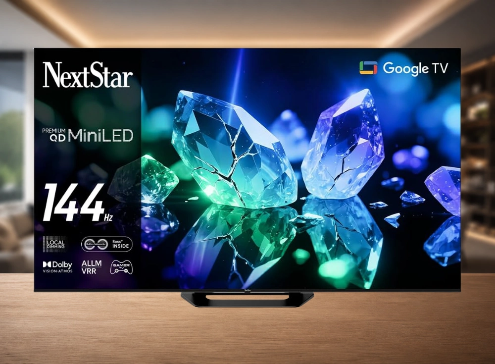 Bir NextStar televizyonu, ekranında mavi ve yeşil tonlarında parıldayan kristal yansımaları gösteriyor; 85 inçlik bu 4K HDR10 akıllı TV, NextStar ve Google TV logolarını, Premium QD MiniLED ve 144 Hz gibi teknik özellikleri belirgin bir şekilde sergileyerek üstün bir sinema televizyonu deneyimi vadediyor.