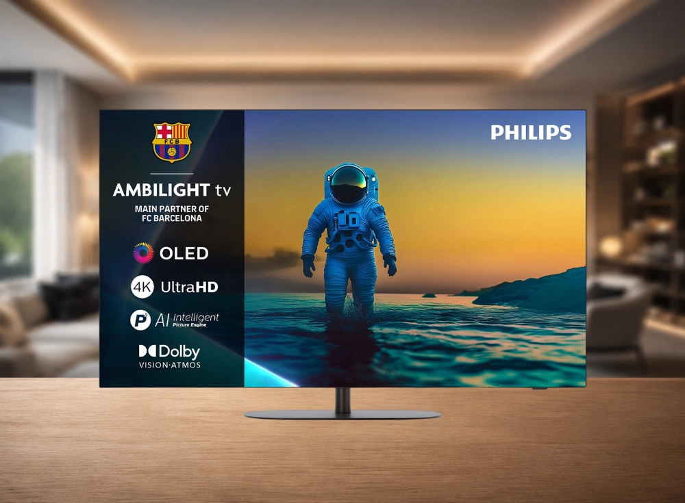 Philips OLED akıllı TV, ekranının sol tarafındaki şeritte Ambilight logosu, OLED, 4K UltraHD ve Dolby Vision-Atmos gibi özellik bilgilerini gösterirken, sağ tarafında gün batımı fonunda suda yürüyen bir astronot görüntüsüyle ahşap bir zemin üzerinde modern bir oturma odasında duruyor.
