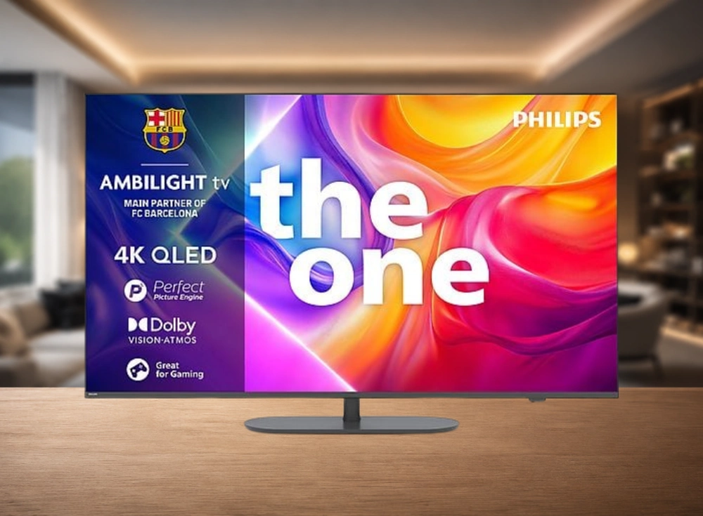 Parlak renklerle the one yazısını gösteren Philips Ambilight 65 inç 4K QLED akıllı televizyon, ekranında FC Barcelona ortaklığını, Perfect Picture Engine, Dolby VISION-ATMOS ve oyun özelliklerini tanıtan bilgilere yer vererek, loş aydınlatmalı bir oturma odası zemininde ahşap bir yüzey üzerinde sergileniyor.