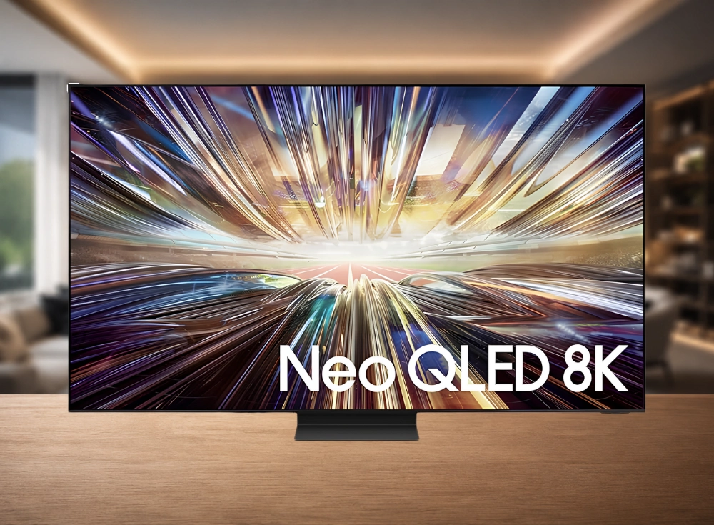 Ahşap bir masa üzerinde duran, Neo QLED 8K yazısı ve soyut renkli hız çizgileriyle dolu ekranında, sinematik izleme deneyimi sunan ince çerçeveli büyük bir Samsung 8K Neo QLED sinema televizyonu, arka planda modern bir yaşam alanıyla görülüyor.