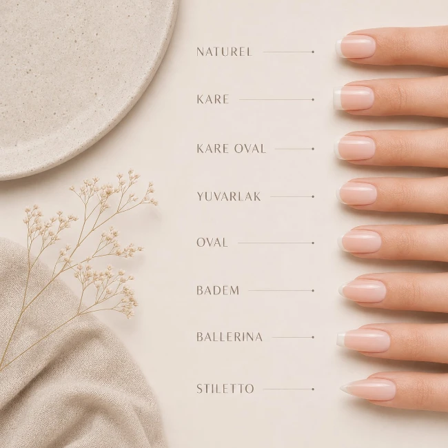 Bu detaylı görselde, NATUREL, KARE, KARE OVAL, YUVARLAK, OVAL, BADEM, BALLERINA ve STILETTO gibi yaygın tırnak şekillerinin sekiz farklı kadın elinde açıkça sergilendiği, tırnak sekilleri rehberini içeren şık bir kompozisyon yer alıyor.