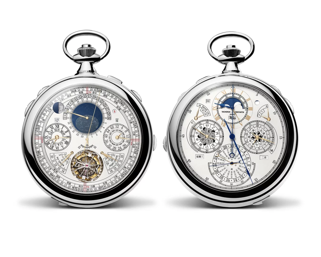 Beyaz arka plan üzerinde, Vacheron Constantin Berkley Grand Complication cep saatinin her iki yüzü de; Roma rakamları, dünya haritası, ay fazı ve Çince karakterli takvimler dahil olmak üzere sayısız karmaşık mekanizma ve astronomik gösterge ile ayrıntılı olarak sergileniyor.