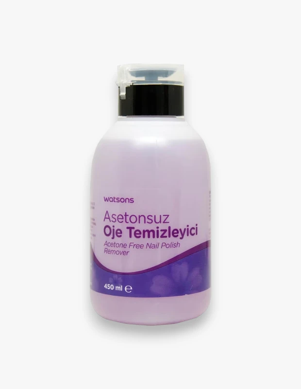 Watsons markalı, açık mor renkteki 450 ml hacimli, üzerinde Asetonsuz Oje Temizleyici yazan, siyah pompali dağıtıcısı ve şeffaf koruyucu kapağı olan bu ürün, oje çıkarma deneyimini kolaylaştıran pratik bir çözümdür.