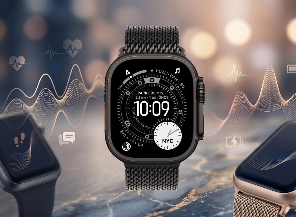 Siyah Milanese kordonlu, siyah titanyum kasalı Apple Watch Ultra 3 akıllı saat, kalp atışı ve şarj ikonları ile sağlık ve pil ömrü özelliklerini vurgulayan dalgalı grafiklerin ortasında net bir şekilde dururken, arka planda farklı renklerdeki diğer akıllı saatler bu kapsamlı 2026 modelleri karşılaştırmasını işaret ediyor.