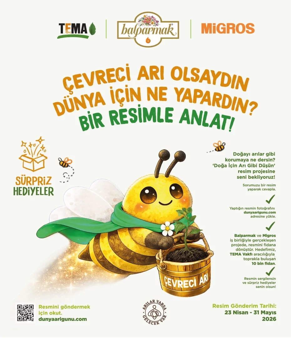 Yeşil pelerinli sevimli bir çizgi film arısı, üzerinde Çevreci Arı yazan ahşap kovada minik bir fidan taşırken, Balparmak, Migros ve TEMA iş birliğiyle gerçekleşen Doğa İçin Arı Gibi Düşün projesini ve kapsamında dikilecek 10 bin fidanı duyuran bu reklam, çocukları resim yarışmasına katılmaya çağırıyor.