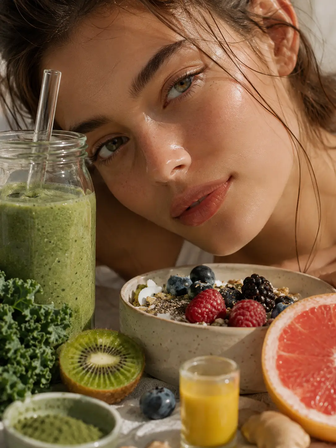 Genç bir kadının parlak, nemli ve sağlıklı görünen cildine yakın çekim, etrafında yeşil smoothie, kase dolusu yaban mersini, ahududu ve chia tohumlu kahvaltı, yarım kivi, greyfurt, lahana, zencefil ve matcha tozu gibi besleyici yiyecekler barındıran bir düzenleme, 20'li yaşlarda cilt bakımı ve doğru beslenmenin cilt sağlığına etkilerini vurguluyor.