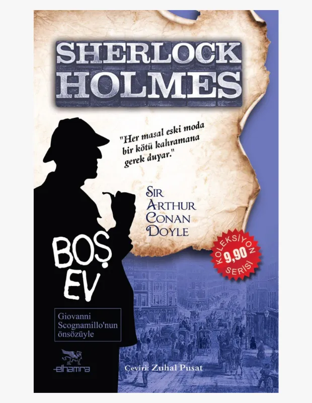 Sir Arthur Conan Doyle'ın meşhur dedektifi Sherlock Holmes'un Reichenbach Şelalesi'nden dönüşünü anlatan Boş Ev kitabının kapağında, pipolu Holmes silüeti ve hareketli Viktorya dönemi Londra sokakları, bu gizemli evrenin atmosferini yansıtıyor.