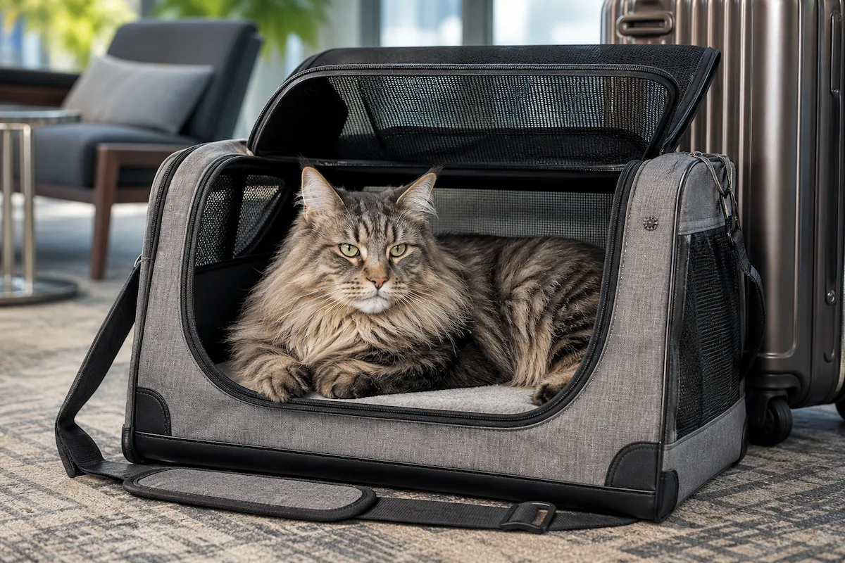 Büyük ırk bir kedi taşıma çantası içinde uzanmış, üst kapağı açık, havalandırmalı ve konforlu görünen gri kumaş taşıma çantasında sakin bir şekilde dinlenirken, arkada bir seyahat valizi de görülmekte, bu da doğru kedi taşıma çantası seçiminin önemini vurgulamaktadır.