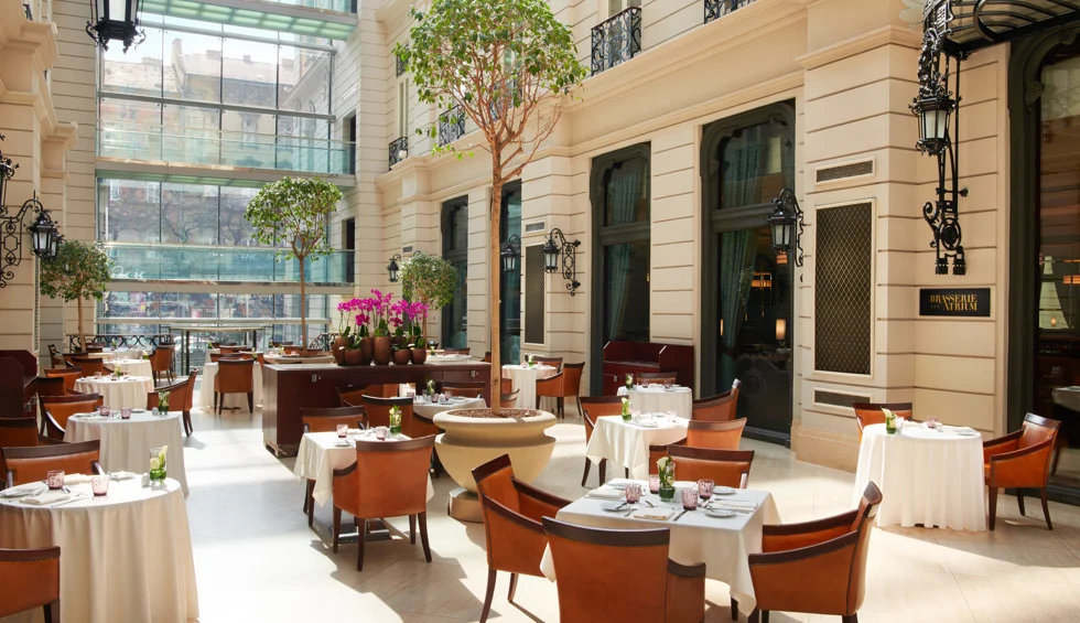 Bir otelin avlusundaki ferah ve aydınlık brasserie restoranı, yüksek cam tavanı, beyaz masa örtülü şık masaları, rahat kahverengi sandalyeleri, saksıdaki ağaçları ve klasik taş duvarlarıyla lüks bir atmosfer sunuyor.
