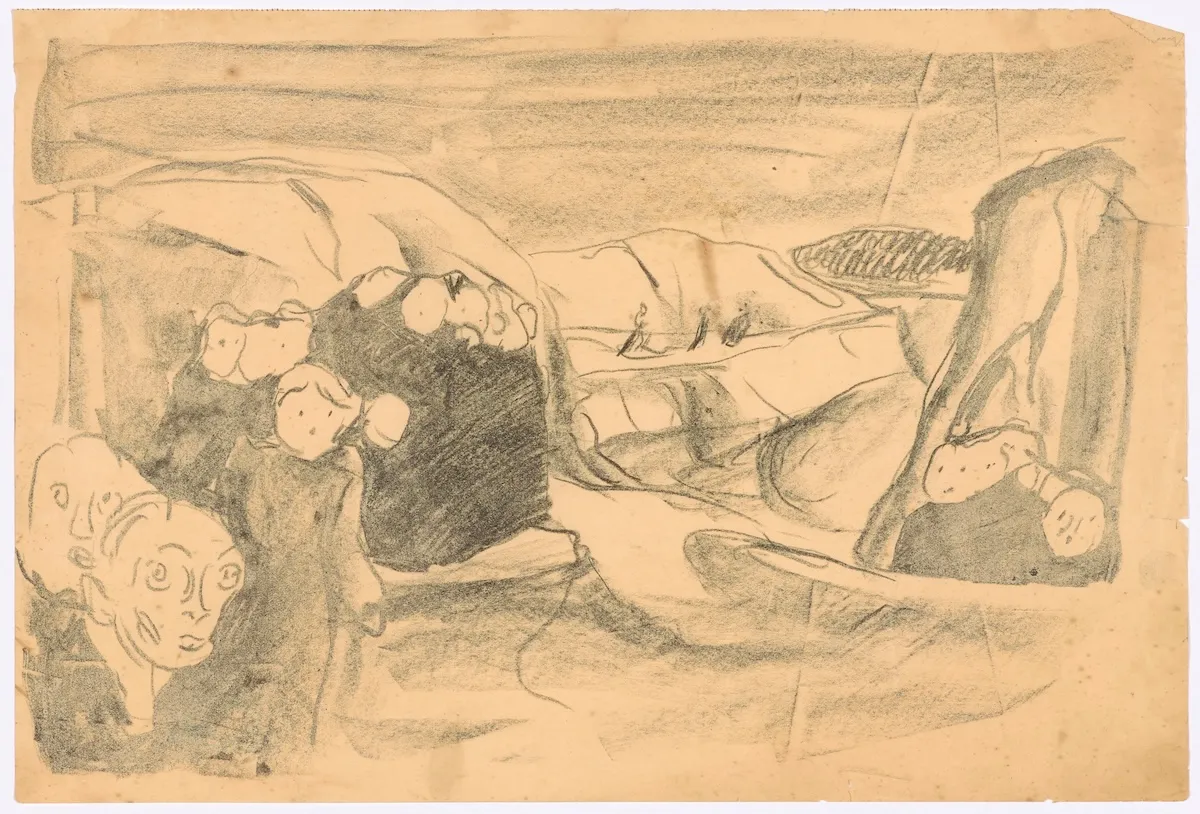 Edvard Munch'un kaygıyı betimleyen bu orijinal karakalem çiziminde, buruşuk, sararmış bir kağıt üzerinde ön planda iri, şaşkın yüzlü bir figür, arkasında ise bir grup belirsiz insan silüeti ve uzaklaşan küçük figürlerin olduğu ıssız bir manzara derin bir anksiyete atmosferi sunuyor.