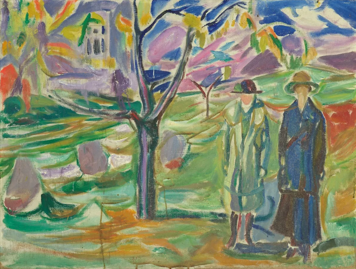 Edvard Munch'ın kendine özgü dışavurumcu tarzıyla, şapkalı ve uzun mantolu iki kadın figürünün soyut ve canlı renklerle işlenmiş bir bahçede durduğu bu eser, sanatçının insan ruhunun derinliklerine ve melankoliye dair durmaksızın devam eden keşfini ve dışavurumculuğa öncülük eden sanatsal duruşunu gözler önüne seriyor.