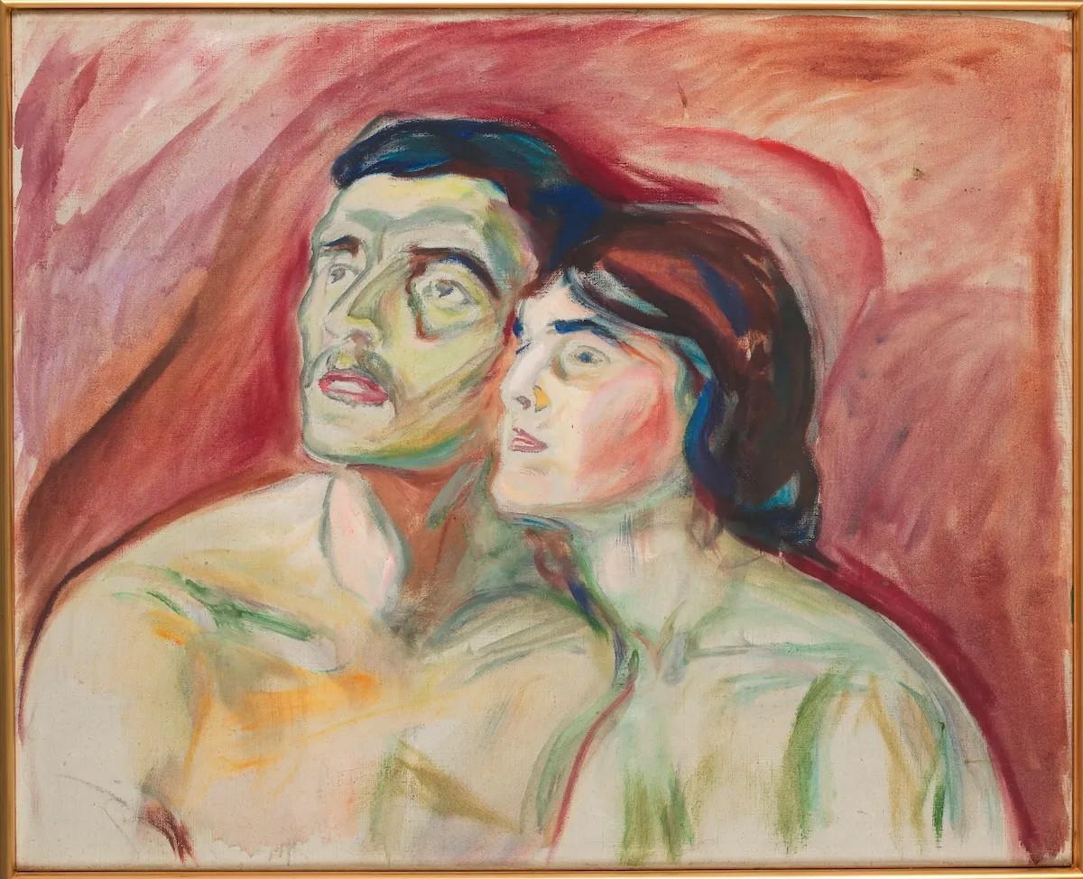 Munch'un Yanak Yanağa adlı eserinde, kırmızımsı bir arka plan önünde, soluk yeşilimsi yüzlerle yukarıya doğru bakan, duygusal bir ifadeyle resmedilmiş bir erkek ve bir kadının dışavurumcu yağlıboya tablosu.