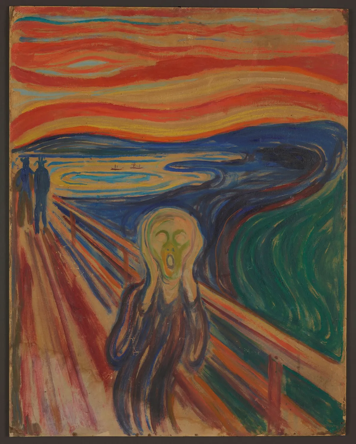 Edvard Munch'un 1910 tarihli Çığlık tablosu, alevli turuncu ve kırmızı gökyüzünün altında, çığlık atan soluk bir figürün elleriyle kulaklarını kapatarak köprü üzerinde durduğu, arka planda iki karanlık silüet ve dalgalı bir denizin göründüğü, derin bir anksiyete ve varoluşsal ıstırap atmosferi yaratan dışavurumcu bir sanat eseridir.