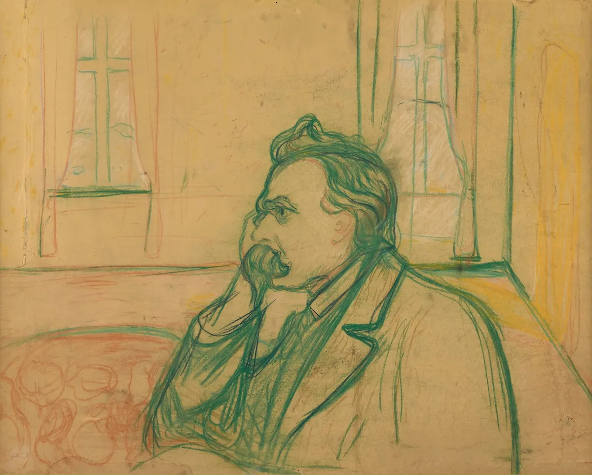 Edvard Munch'un ünlü portresi, Friedrich Nietzsche'yi sola dönük profilden, elini çenesine dayamış, bıyıklı ve düşünceli bir ifadeyle betimler; yıpranmış, kahverengimsi kağıt üzerine yeşil ve kırmızı pastel boya çizgilerle çizilmiş bu eserde arka planda soyut pencereler seçilmektedir.