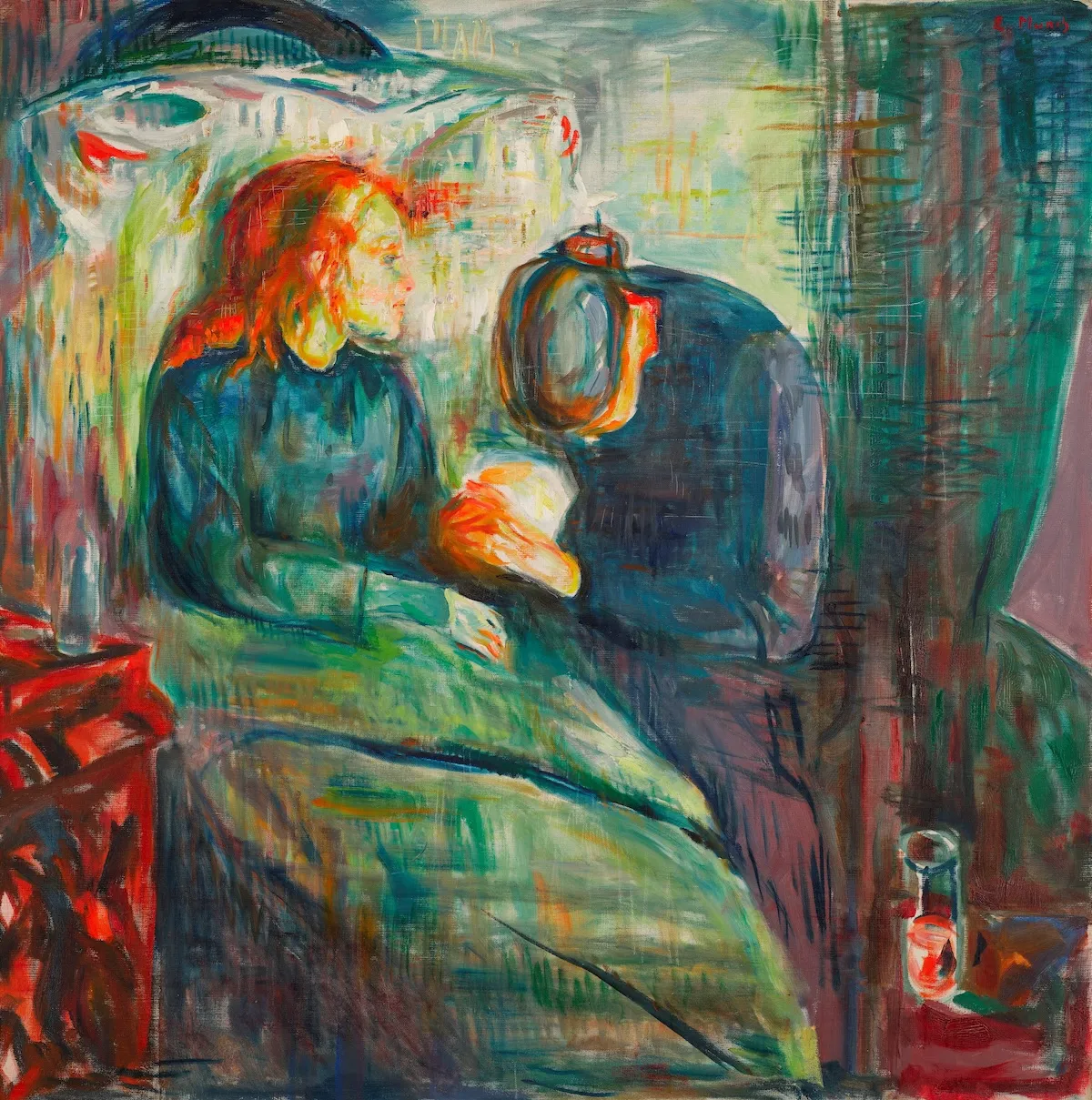 Edvard Munch'un 1925 tarihli Hasta Çocuk tablosunda, yatakta oturan kızıl saçlı bir çocuk, başı eğik ve eli çocuğun elinde olan derin üzüntülü bir kadın figürüyle birlikte, hastalığın getirdiği melankolik atmosferi dışavurumcu bir üslupla aktarıyor.