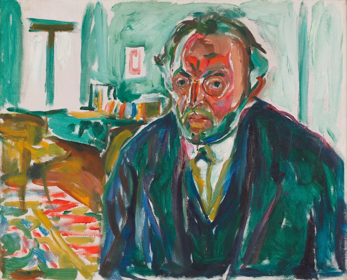 Munch'un 1919 tarihli otoportresi, İspanyol Gribi sonrası dönemindeki ruh halini yansıtan, yüzü kırmızı ve yeşil gibi kontrast renklerle ifade edilmiş, gözlüklü ve sakallı bir figürü koyu renk bir ceket içinde, dalgalı fırça darbeleriyle oluşturulmuş soluk renkli bir arka plan önünde gösteriyor.