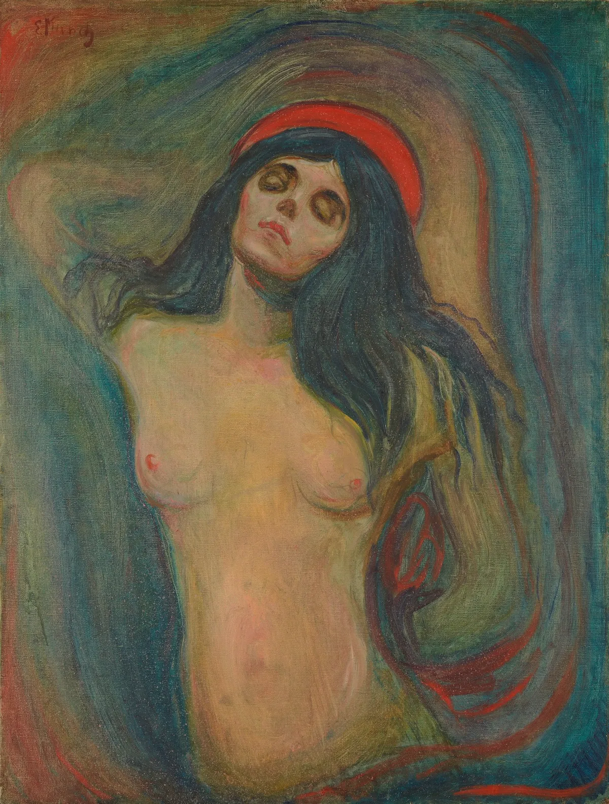 Edvard Munch'un 1894 tarihli Madonna tablosu, başının etrafında kırmızı bir haleyle ve omuzlarına dökülen koyu renk saçlarıyla, gözleri kapalı, hafifçe geriye yatmış, üst kısmı çıplak bir kadını girdaplı, yeşil ve kırmızı tonlarda soyut bir arka plan önünde, mistik bir atmosferde tasvir ediyor.