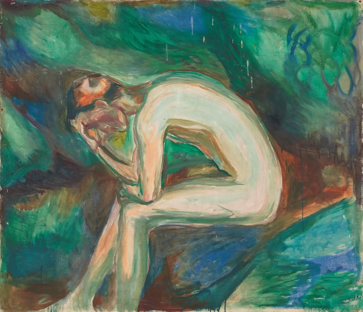 Edvard Munch'un duygusal ve soyut fırça darbeleriyle ormanda oturan çıplak bir erkeği tasvir eden tablosunda, figür kederli bir duruşla ellerini yüzüne kapamış, etrafı yeşil ve mavi tonlarda ağaçlarla çevrili kasvetli bir atmosferde derin düşüncelere dalmış görünüyor.