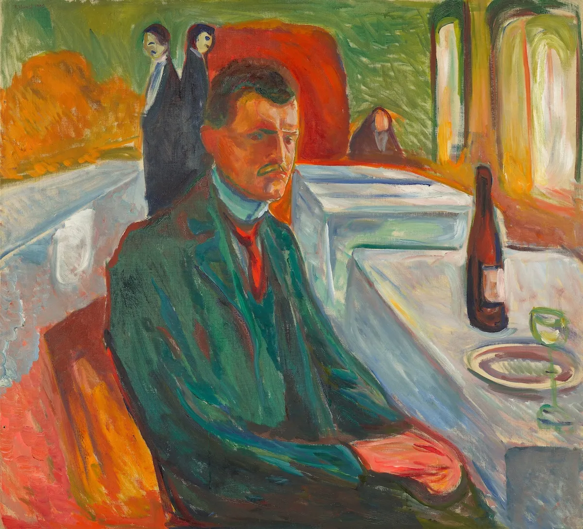 Munch'un 1906 tarihli Şarap Şişesiyle Otoportre tablosu, melankoli ressamının kendisini içe dönük, düşünceli bir ifadeyle, masasında bir şişe şarap ve kadehle yalnız oturduğu anı, canlı ve çarpıcı renklerle ruhsal kaygıyı hissettiren dışavurumcu bir tarzda yansıtır.