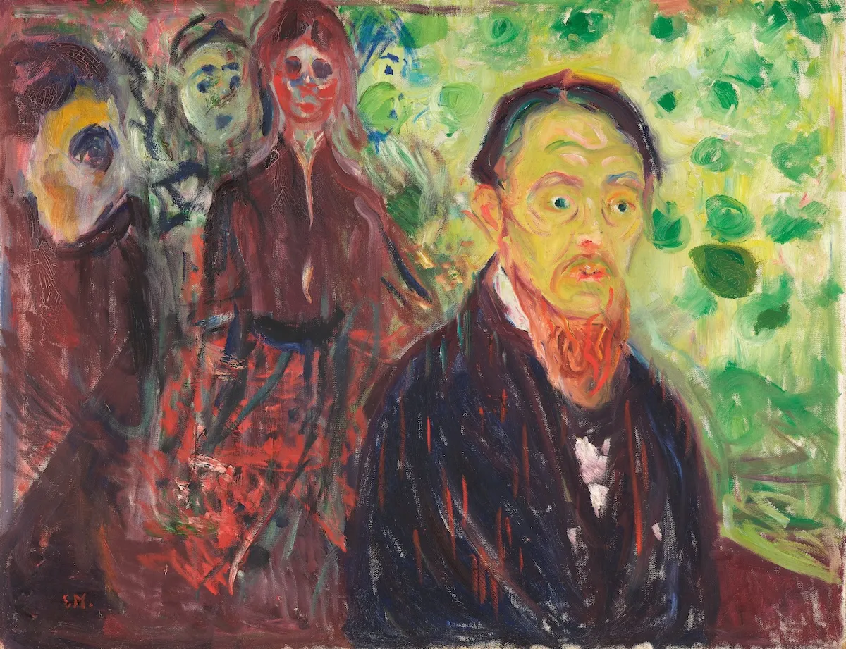 Munch'un 1907 tarihli Şaşkınlığa Uğramış tablosu, ön planda sarımsı-yeşil yüzü, kızıl sakalı ve şaşkınlıkla açılmış gözleriyle izleyiciye bakan bir adamı, arkasında ise belirsiz, hayaletimsi figürleri ve canlı yeşil soyut bir ortamı resmediyor.