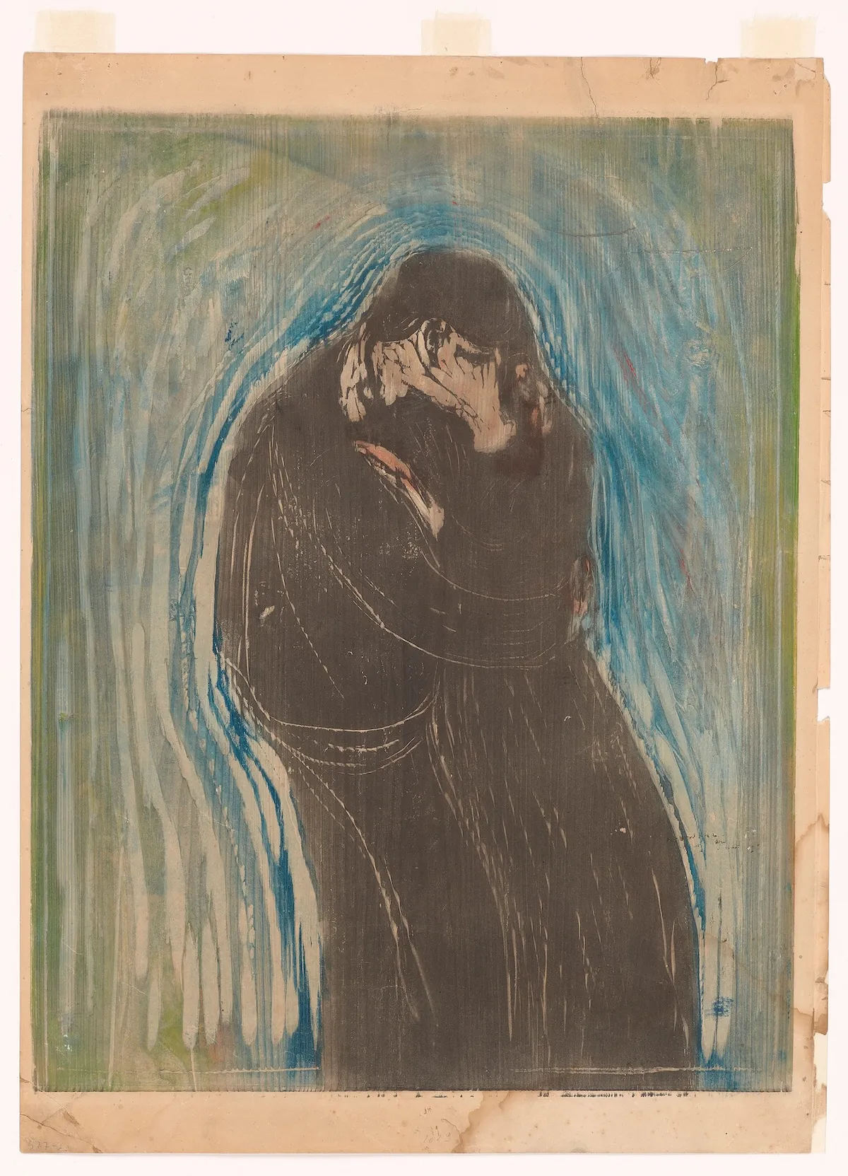 Edvard Munch'un öpüşen iki figürü koyu renklerle soyut, dalgalı mavi ve yeşil bir arka plan önünde resmettiği, yüzlerinin tek bir formda birleştiği yoğun ve içten bir kucaklaşmayı tasvir eden 1897 tarihli The Kiss adlı dışavurumcu eseri.