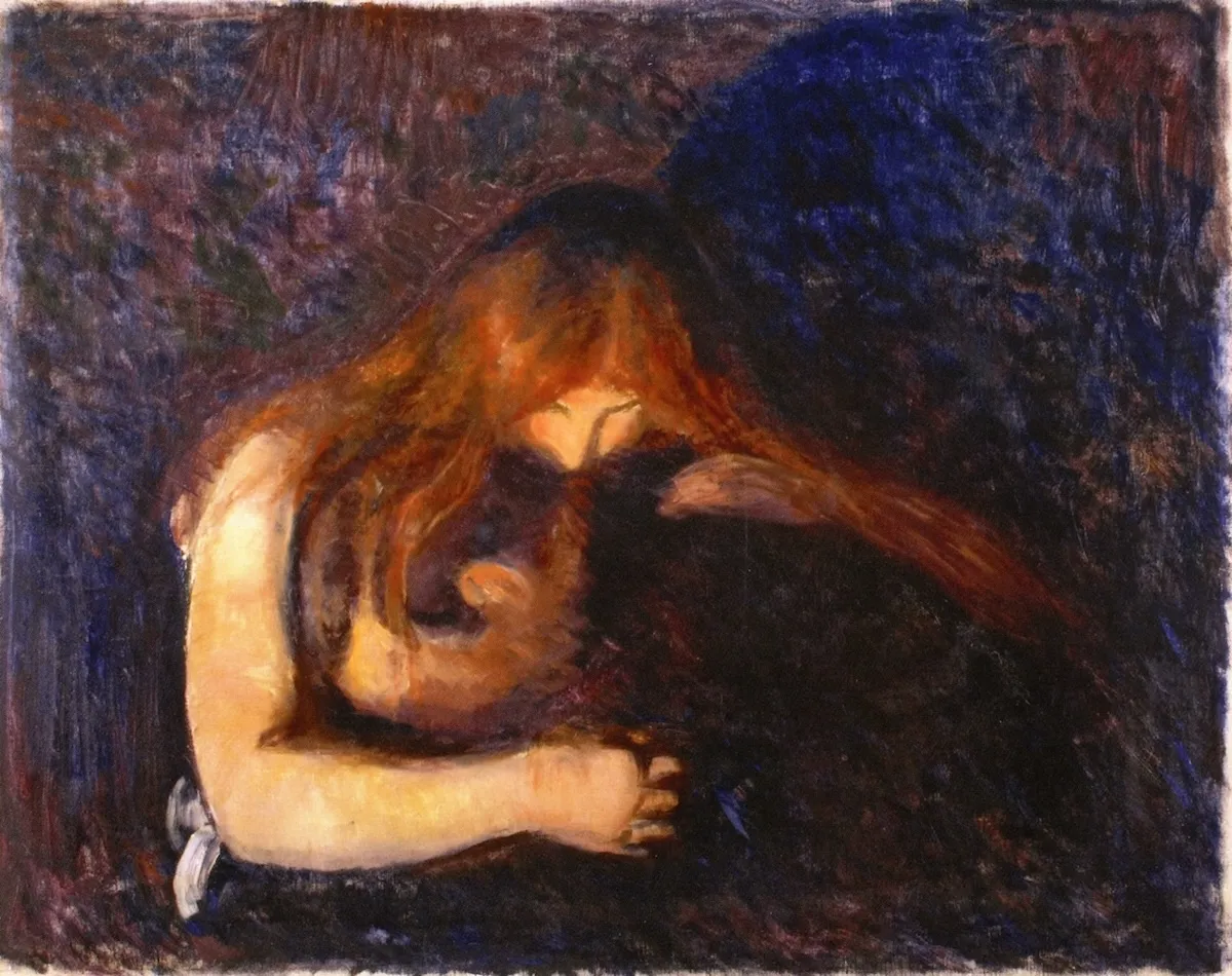 Edvard Munch'un Vampir olarak da bilinen tablosunda, uzun kızıl saçlı bir kadın, başı göğsünde dinlenen bir figürü koyu renklerin hakim olduğu bir fonda şefkatli ancak bir o kadar da iç burkan bir şekilde kucaklıyor.