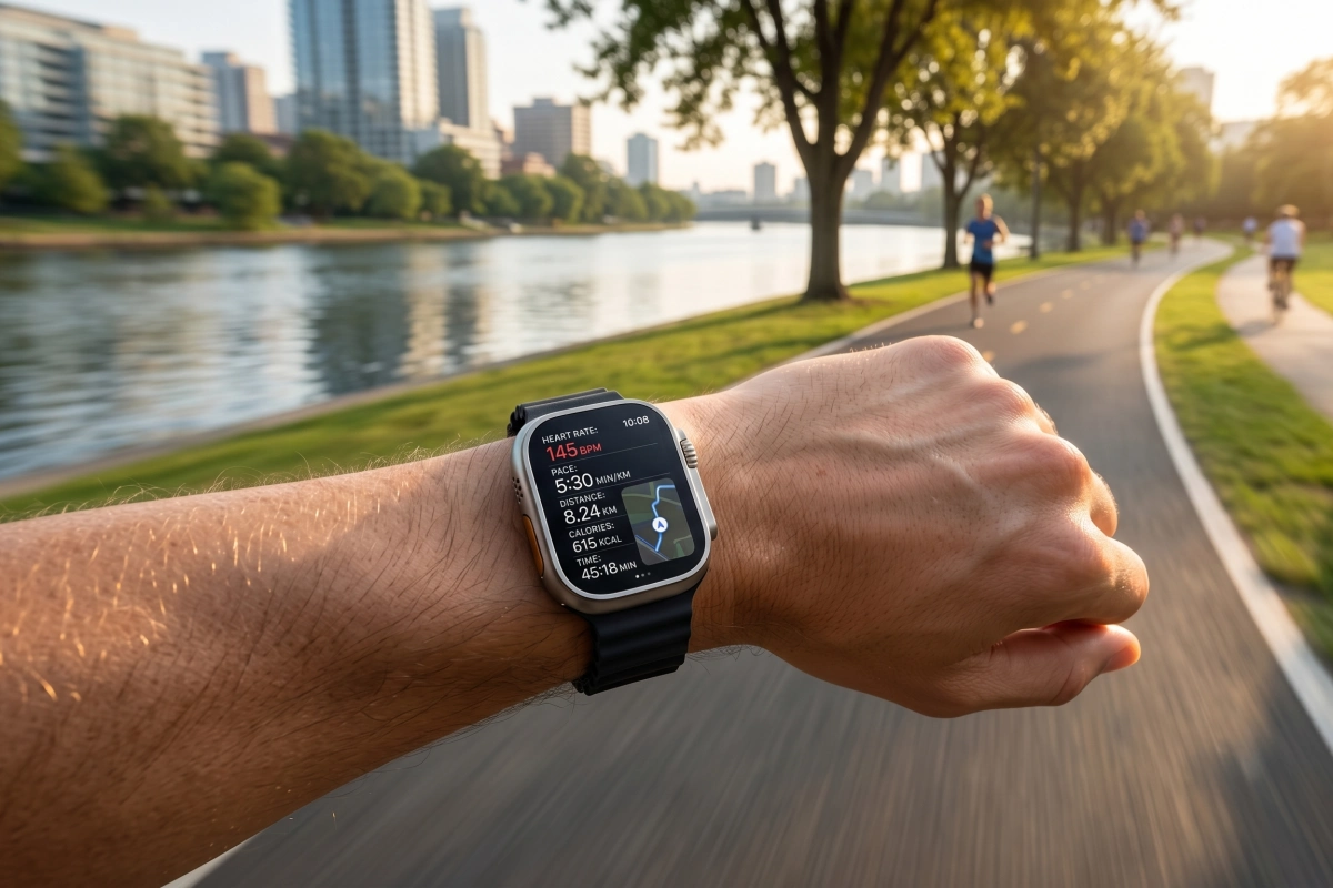 Bir kişinin kolunda, kalp atış hızı, tempo, mesafe ve yakılan kalori gibi koşu verilerini gösteren bir Apple Watch Ultra akıllı saat görülüyor; arka planda nehir kenarında koşan ve bisiklet süren insanlarla dolu bir parkur ile şehir silüeti uzanıyor, bu da en iyi akıllı saat modellerinden birinin aktif kullanımını vurguluyor.