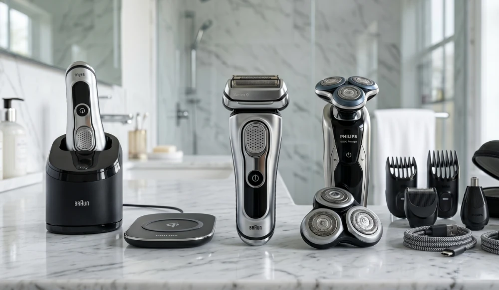 Lüks bir banyo tezgahında duran, Braun ve Philips gibi önde gelen markalara ait şarjlı tıraş makineleri ve saç sakal düzeltme başlıkları, modern erkeklerin kişisel bakım rutinleri için üstün çözümler sunuyor.
