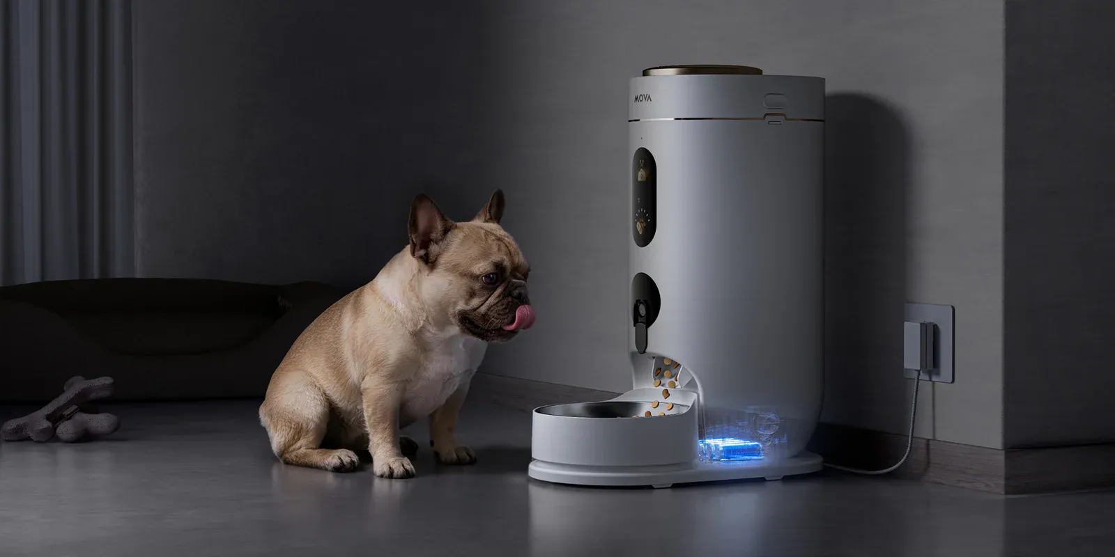 Bir Fransız Bulldog'un, mamasını almak için sabırsızlandığını gösteren bir ifadeyle, mavi ışıkla aydınlanmış dispanseri aktif olan modern bir MOVA akıllı mama kabının önünde dikkatle oturduğu, evcil hayvanların beslenme düzenini kolaylaştıran teknolojik ürünlerden birini sergileyen bir görüntü.