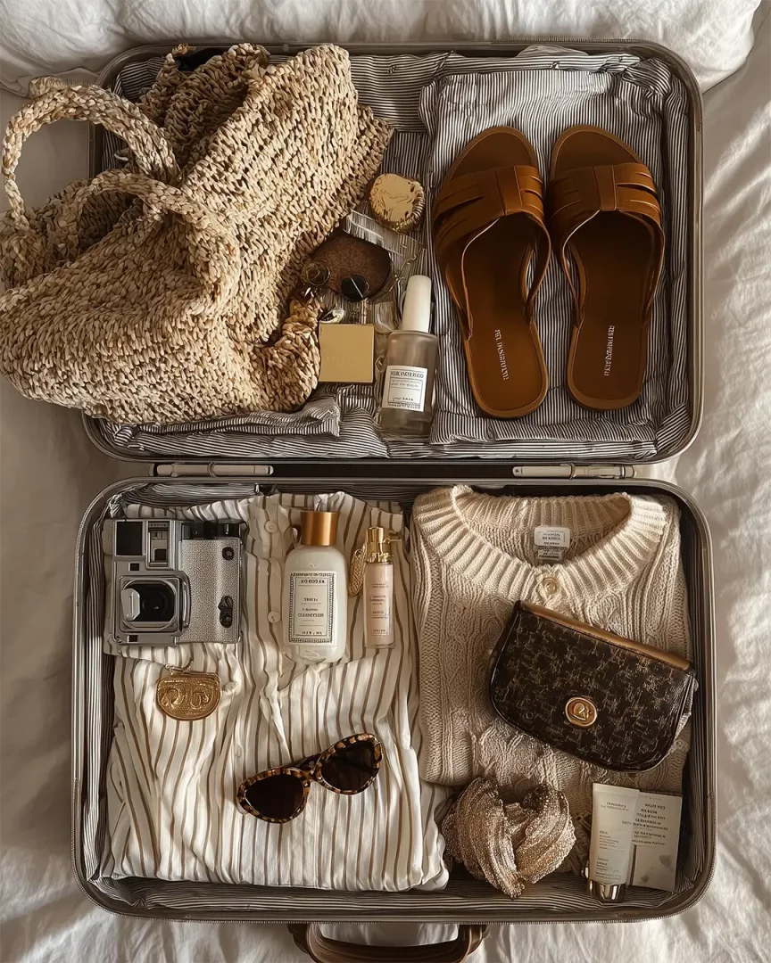 Açık bir bavulun içinde, krem rengi hasır çanta, kahverengi deri sandaletler, çizgili gömlek, örgü hırka, vintage kamera ve kişisel bakım ürünleri gibi tatil için düşünülmüş birçok fazla kombin ve aksesuar özenle yerleştirilmiş, seyahat hazırlığının detaylarını yansıtıyor.