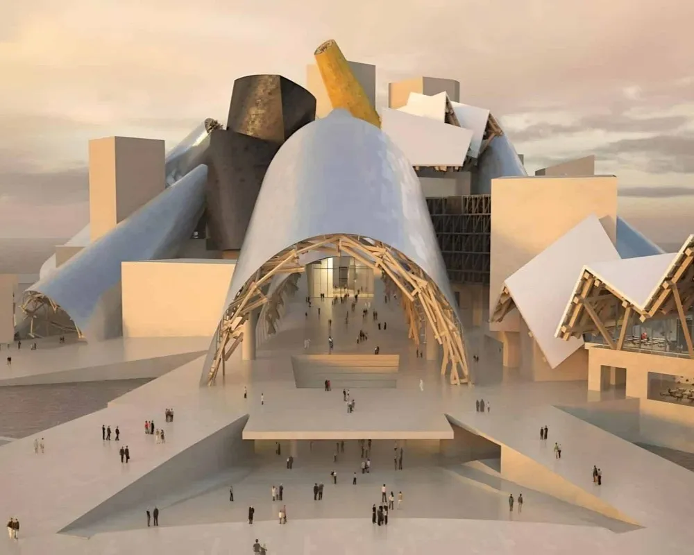 Guggenheim Abu Dhabi'nin karmaşık mimarisi, çeşitli açılı ve kavisli beyaz yüzeylerin, koyu renkli kütlelerin ve ahşap iskeletli kemerli girişlerin uyumlu birleşimini, geniş bir açık alanda gezen kalabalık insanlarla birlikte günbatımının hafif kızıl ışıkları altında sergiliyor.