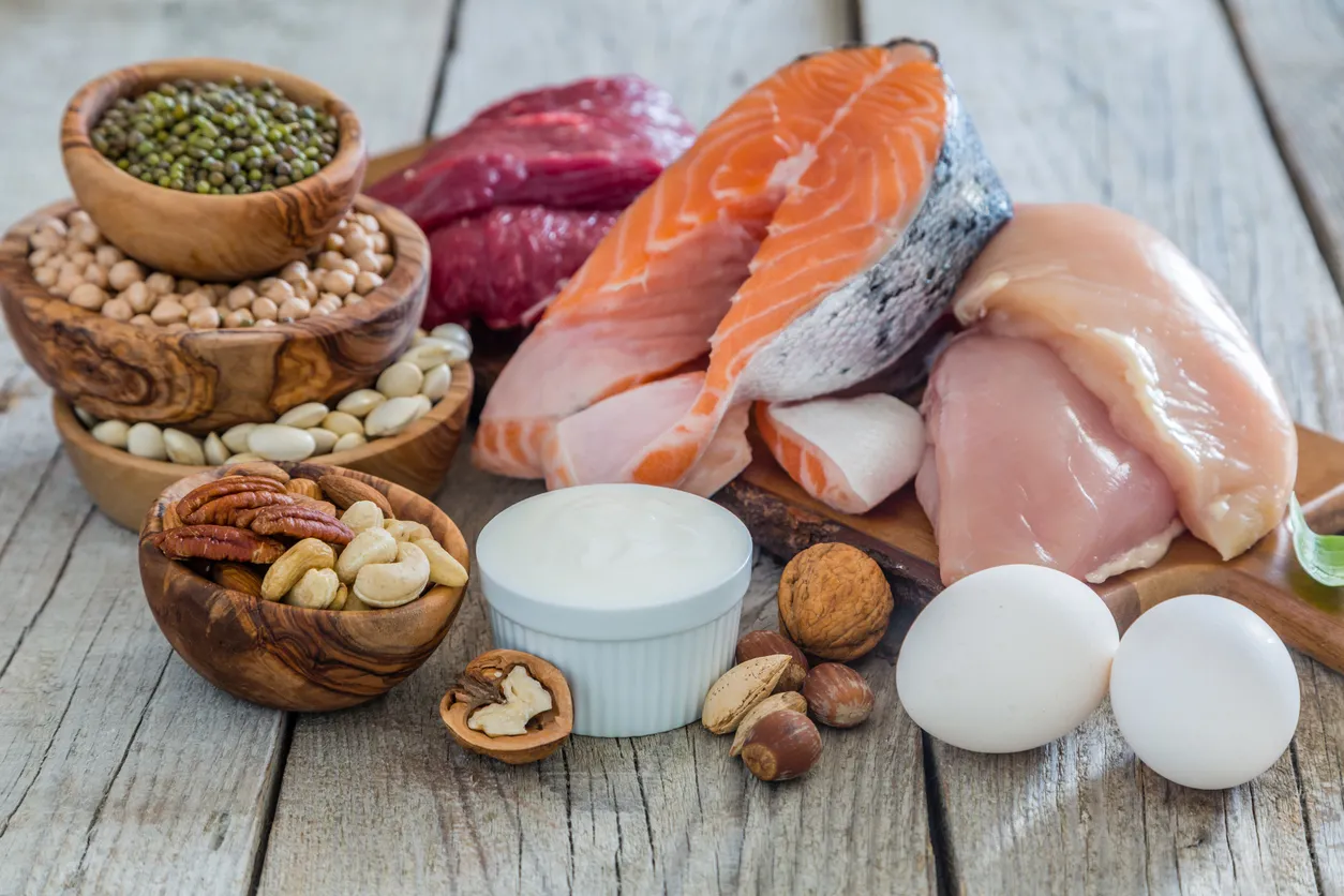 Çeşitli hayvansal protein kaynakları olan somon, tavuk göğsü, kırmızı et, yumurta ve yoğurt ile bitkisel protein kaynakları nohut, maş fasulyesi, badem, ceviz, kaju, pikan cevizi ve beyaz fasulye, kas gelişimi ve yağ yakımı hedefleri için günlük protein ihtiyacını destekleyen zengin bir beslenme düzenini vurguluyor.