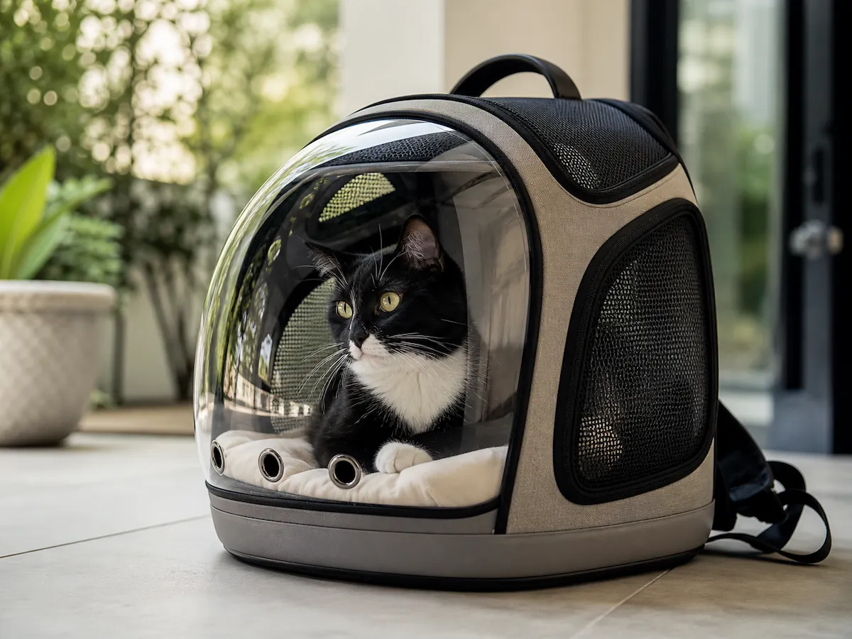 Parlak gözlü, siyah beyaz bir kedi, şeffaf ön kabarcığı ve yan file panelleriyle iyi havalandırılmış, gri ve siyah renkli modern bir astronot kedi kutusu içinde minderinde rahatça oturarak, doğru bir kedi arabası seçiminin önemini gözler önüne seriyor.