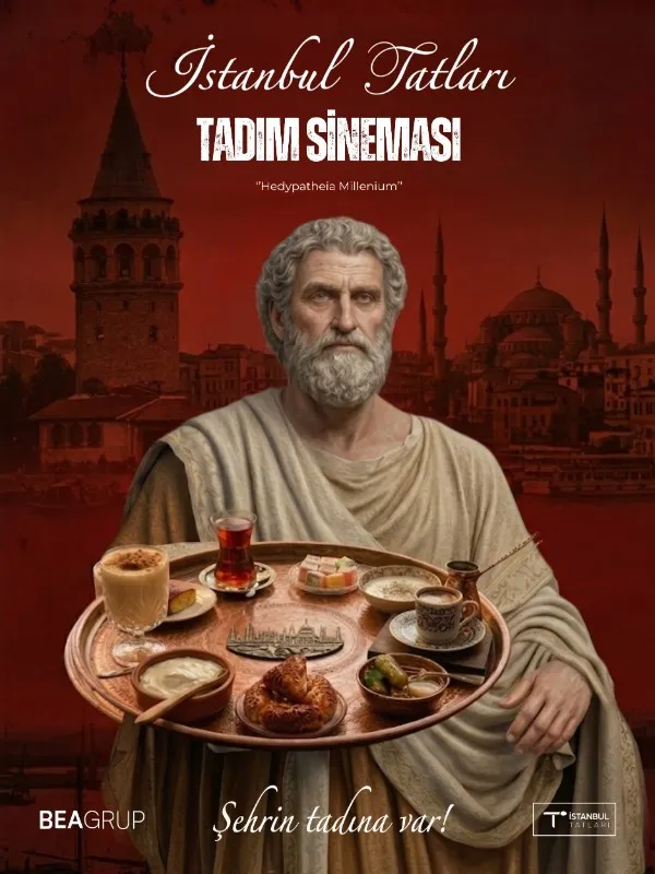 Toga giymiş, yaşlı ve sakallı bir figür, arka planda Galata Kulesi ve tarihi İstanbul silueti varken, üzerinde salep, çay, lokum, simit, Türk kahvesi gibi çeşitli İstanbul Tatları barındıran büyük bir bakır tepsi sunarak, Tadım Sineması deneyiminin zenginliğini gözler önüne seriyor.