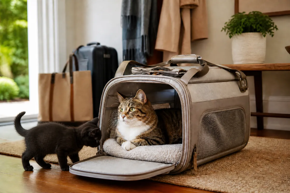 Açık gri renkteki bir kedi çantasının içinde, tüylü minderin üzerinde yeşil gözlü, çizgili bir kedi rahatça dinlenirken, dışarıdaki küçük siyah yavru kedi merakla çantanın ağzını kokluyor ve bu an kedilerin seyahat konforu için doğru kedi kutusu seçiminin önemini vurguluyor.