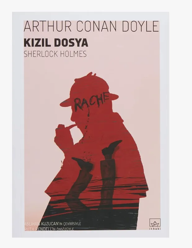 Kızıl Dosya kitabının kapağında, Sherlock Holmes evreninin başlangıcını ve dedektifin dehasını simgeleyen, geyik şapkalı ve pipolu Sherlock Holmes siluetinin şapkasında, ilk cinayet vakasının kilit ipucu olan Almanca RACHE kelimesi kanlı bir yazıyla dikkat çekiyor.