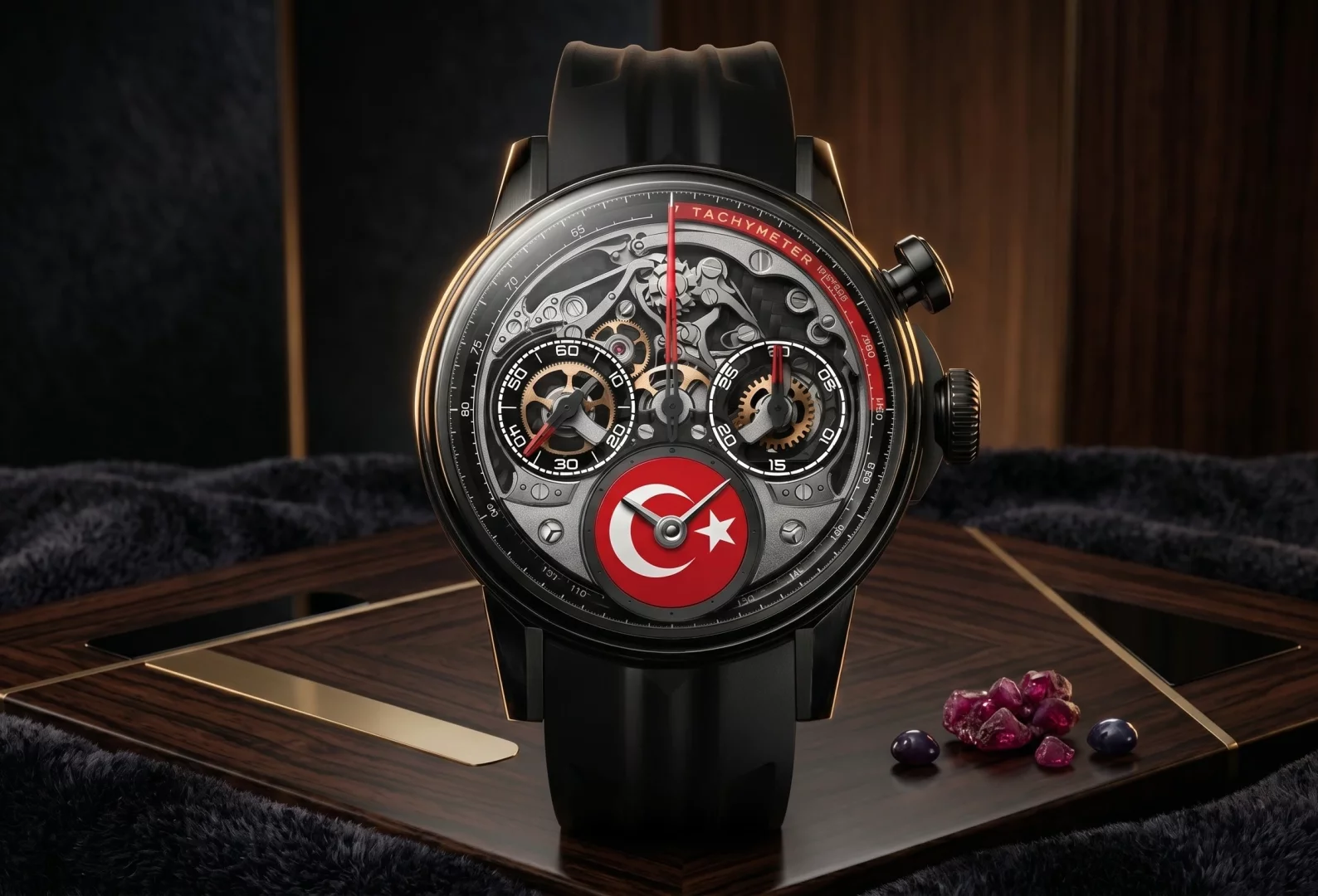 Ahşap ve koyu renkli lüks bir zeminde sergilenen, Louis Moinet Memoris serisinden bu sınırlı üretim erkek kol saati, kadranındaki kırmızı Türk bayrağı motifi, görünen karmaşık mekanizması, kronograf alt kadranları ve siyah kauçuk kayışıyla dikkat çekiyor.